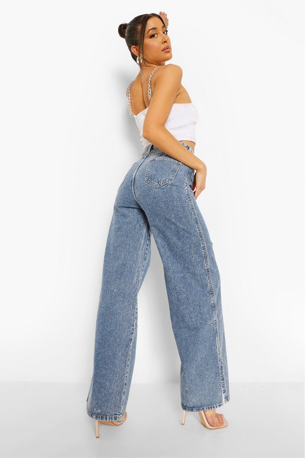 Vintage Wash Wide Leg Split Hem Jeans